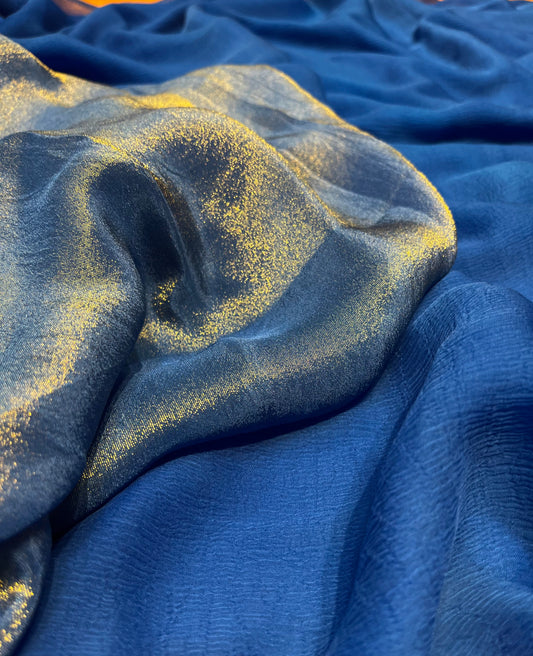 BLUE COLOUR CHIFFON SAREE WITH CREPE TISSUE UNSTITCHED BLOUSE - Kothari Sons