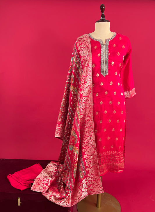 HOT PINK COLOUR DOLA SILK READYMADE SUIT WITH PRINTED ZARI WEAVES DUPATTA