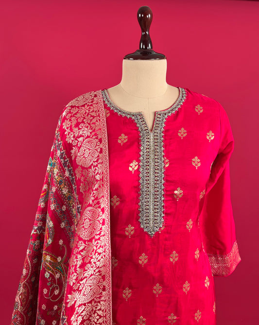 HOT PINK COLOUR DOLA SILK READYMADE SUIT WITH PRINTED ZARI WEAVES DUPATTA