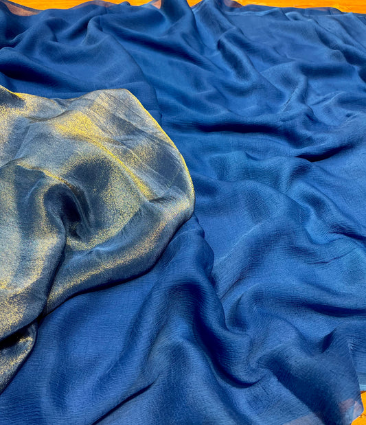 BLUE COLOUR CHIFFON SAREE WITH CREPE TISSUE UNSTITCHED BLOUSE - Kothari Sons