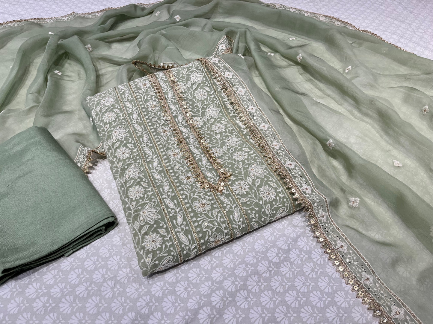PISTACHIO GREEN COLOUR GEORGETTE EMBROIDERED UNSTITCHED WITH ORGANZA DUPATTA  EMBELLISHED WITH RESHAM & SEQUINS WORK