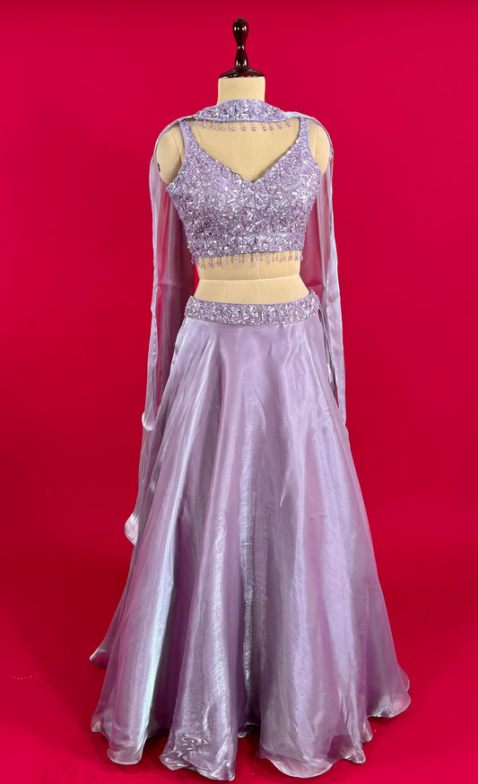 ( DELIVERY IN 25 DAYS ) LAVENDER COLOUR TISSUE SKIRT WITH EMBROIDERED CROP TOP EMBELLISHED WITH SEQUINS WORK