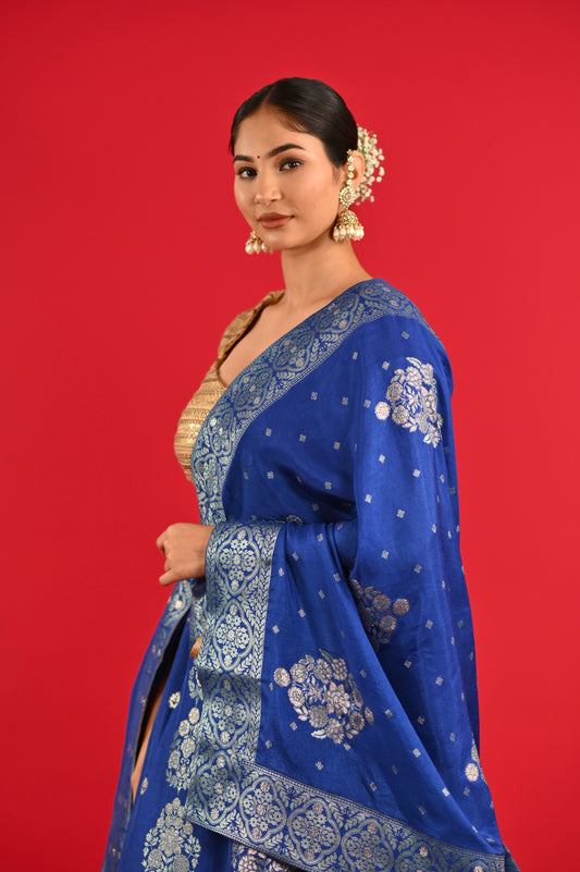 ( DELIVERY IN 25 DAYS ) BLUE COLOUR BANARASI SILK LEHENGA WITH UNSTITCHED BLOUSE EMBELLISHED WITH ZARI WEAVES