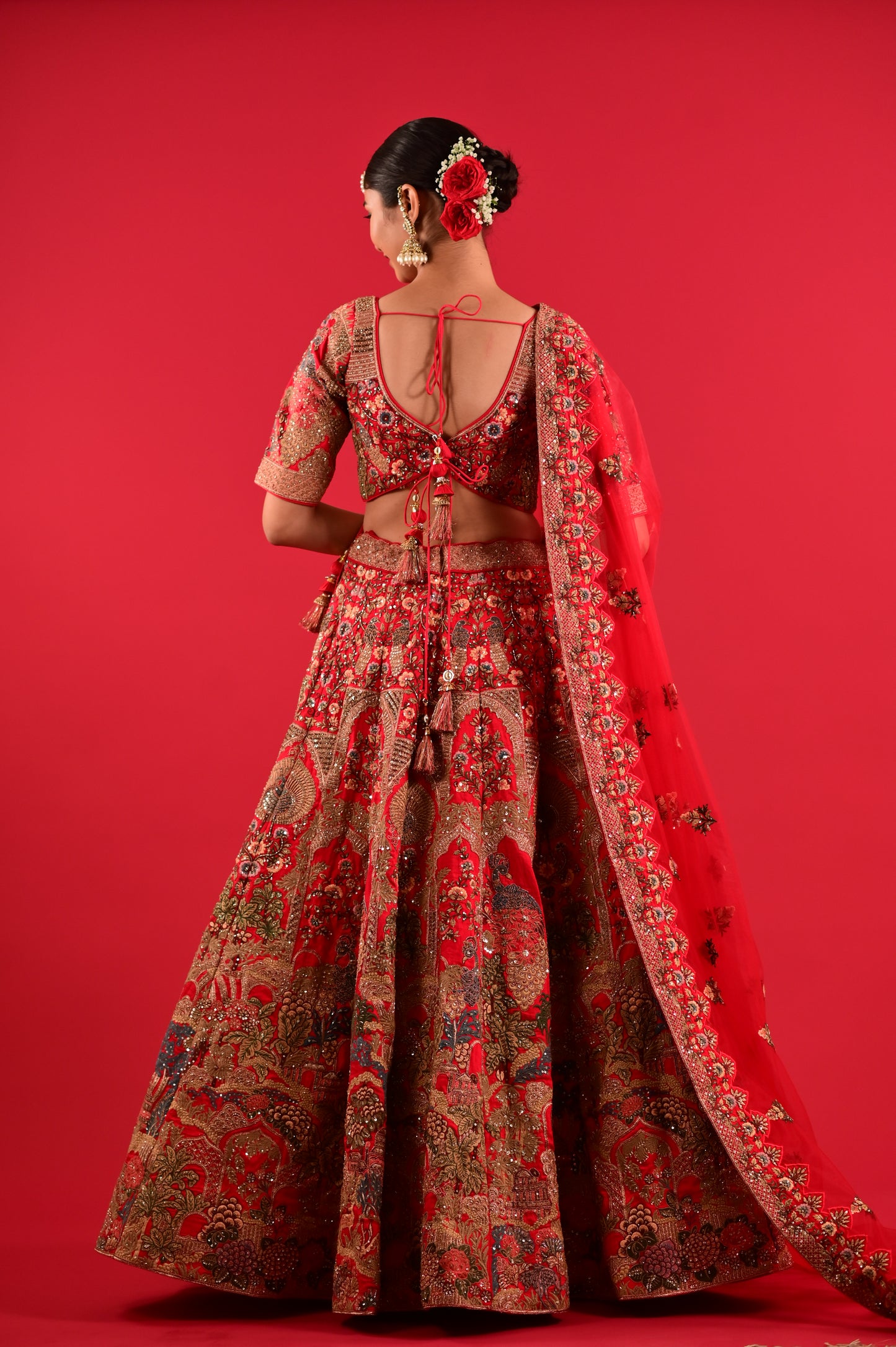 ( DELIVERY IN 25 DAYS ) RED COLOUR SILK WEDDING HAND EMBROIDERED LEHENGA WITH READYMADE BLOUSE & NET DUPATTA EMBELLISHED WITH RESHAM, CUTDANA & SEQUINS WORK