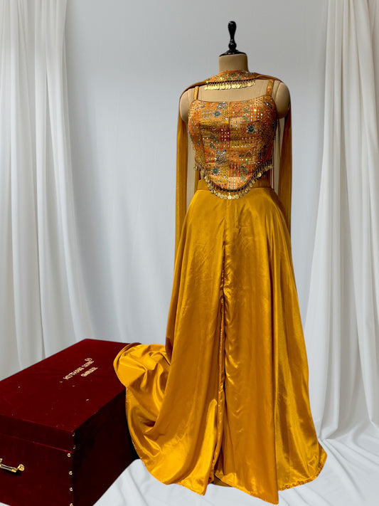 MUSTARD COLOUR INDOWESTERN DRESS PLAZZO WITH CROP TOP & DUPATTA