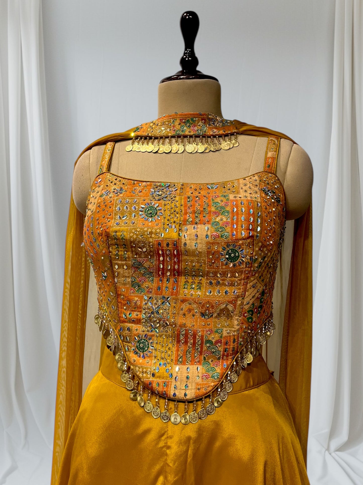 MUSTARD COLOUR INDOWESTERN DRESS PLAZZO WITH CROP TOP & DUPATTA