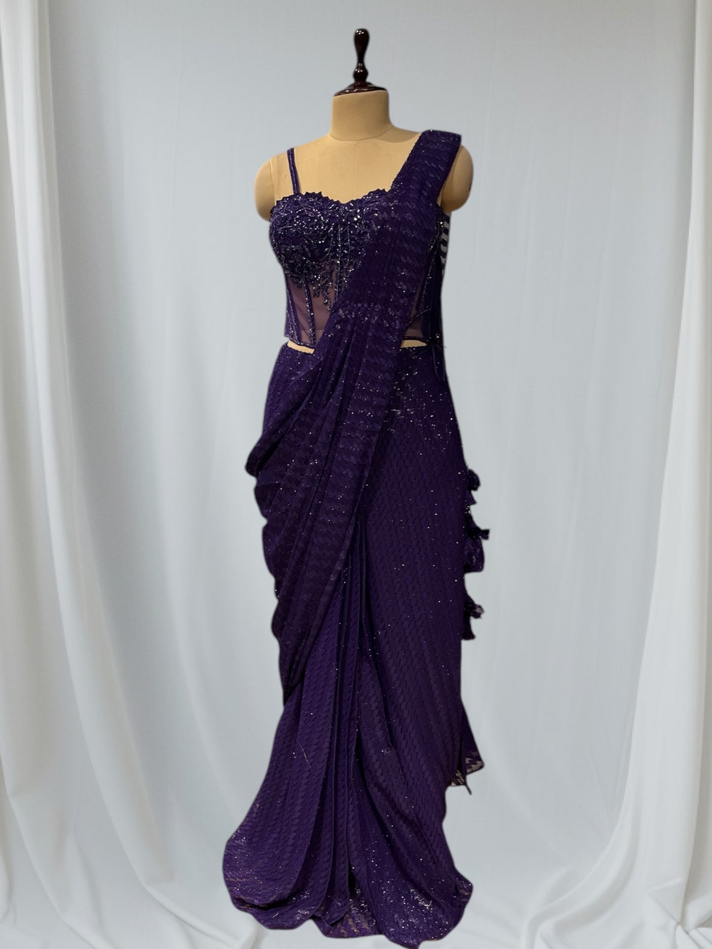 PUPRPLE COLOUR  GEORGETTE READYMADE SAREE WITH CORSET- STYLE H HAND EMBROIDERED BLOUSE