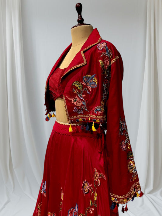 MAROON COLOUR INDOWESTERN DRESS EMBROIDERED SKIRT WITH CROP TOP & EMBROIDERED JACKET EMBELLISHED RESHAM & BEADS WORK