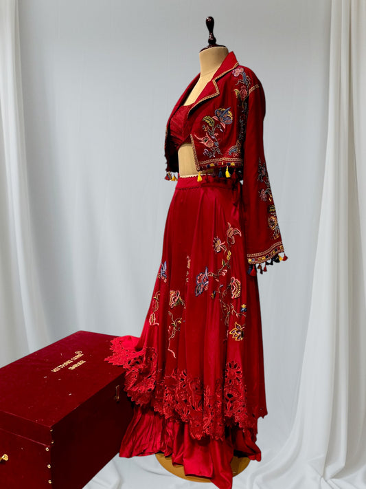 MAROON COLOUR INDOWESTERN DRESS EMBROIDERED SKIRT WITH CROP TOP & EMBROIDERED JACKET EMBELLISHED RESHAM & BEADS WORK