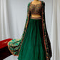 BOTTLE GREEN COLOR INDOWESTERN DRESS GEORGETTE SKIRT WITH EMBROIDERED CROP TOP WITH CHINON EMBROIDRED SHRUG