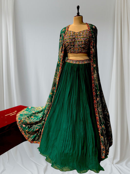 BOTTLE GREEN COLOR INDOWESTERN DRESS GEORGETTE SKIRT WITH EMBROIDERED CROP TOP WITH CHINON EMBROIDRED SHRUG