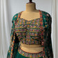 BOTTLE GREEN COLOR INDOWESTERN DRESS GEORGETTE SKIRT WITH EMBROIDERED CROP TOP WITH CHINON EMBROIDRED SHRUG