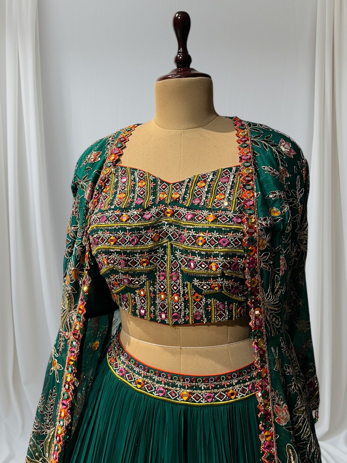 BOTTLE GREEN COLOR INDOWESTERN DRESS GEORGETTE SKIRT WITH EMBROIDERED CROP TOP WITH CHINON EMBROIDRED SHRUG