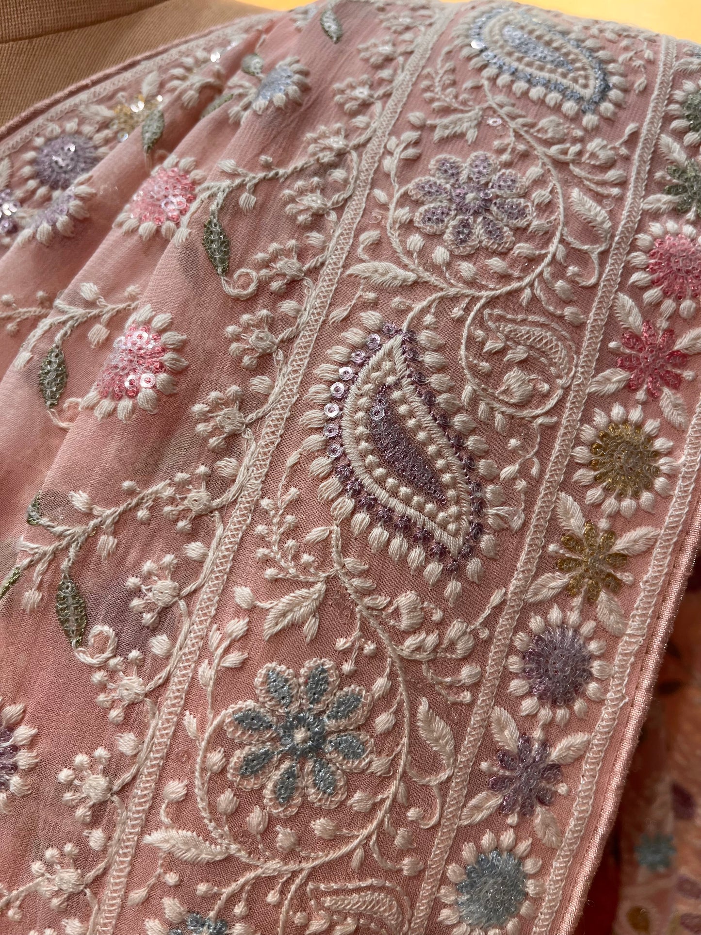 PINK COLOR CHIKANKARI EMBROIDERED SAREE EMBELLISHED WITH SEQUINS & THREAD WORK ( PINK CHIKAN SAREE )