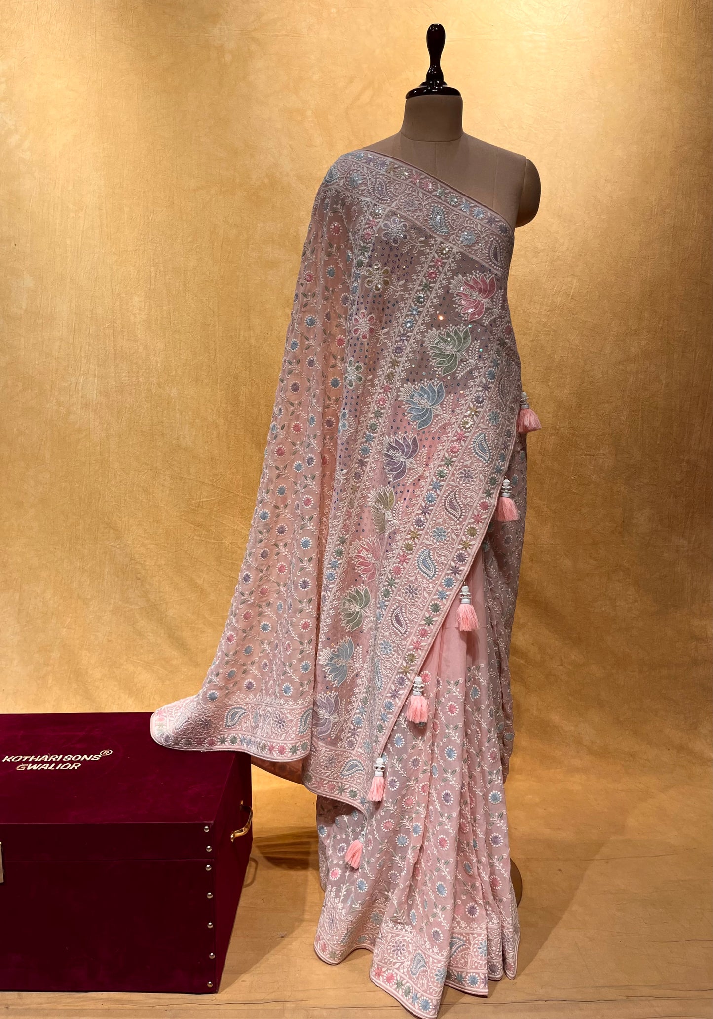PINK COLOR CHIKANKARI EMBROIDERED SAREE EMBELLISHED WITH SEQUINS & THREAD WORK ( PINK CHIKAN SAREE )