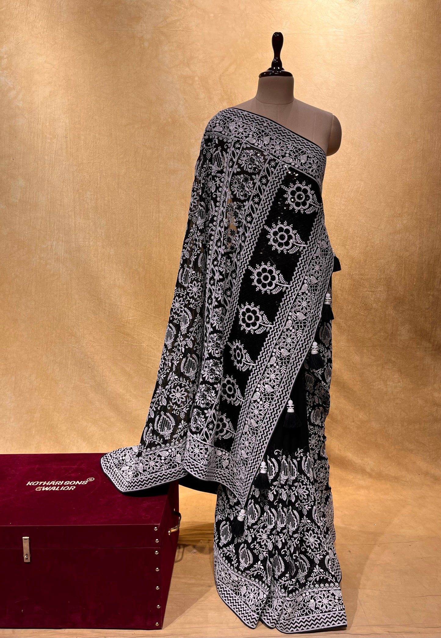 BLACK COLOR GEORGETTE CHIKENKARI EMBROIDERED SAREE EMBELLISHED WITH SEQUINS & THREAD WORK ( BLACK CHIKAN SAREE )