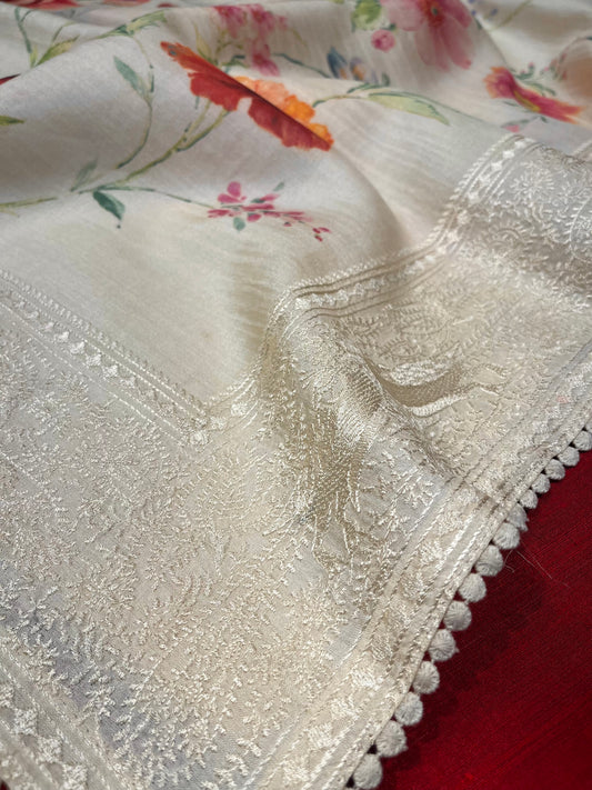 IVORY COLOUR PURE TUSSAR SILK SAREE WITH RESHAM EMBROIDERED BORDER
