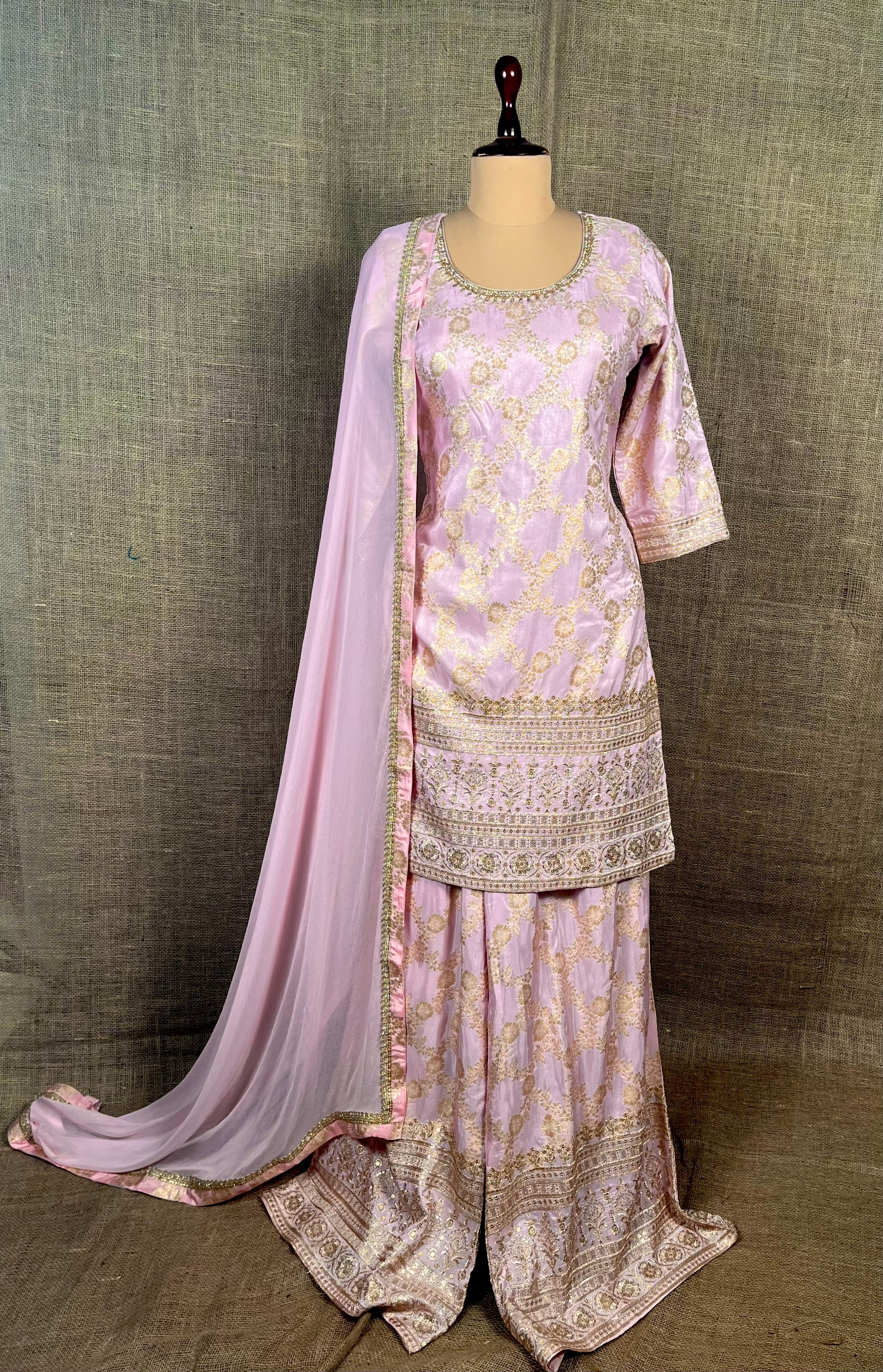 PINK COLOUR BANARASI PALAZZO SUIT WITH CHIFFON DUPATTA Kothari Sons