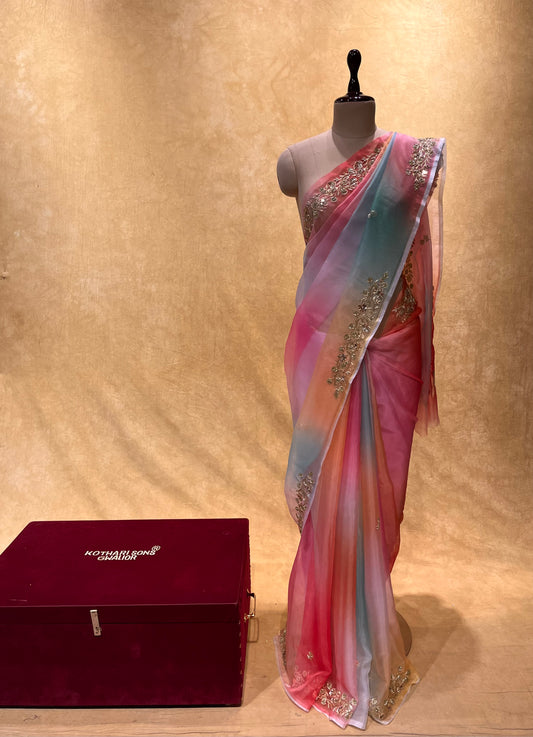 ( DELIVERY IN 25 DAYS ) OMBRE DYE ORGANZA HAND EMBROIDERED SAREE EMBELLISHED WITH AARI, CUTDANA & SEQUINS WORK