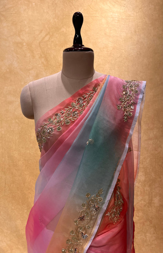 ( DELIVERY IN 25 DAYS ) OMBRE DYE ORGANZA HAND EMBROIDERED SAREE EMBELLISHED WITH AARI, CUTDANA & SEQUINS WORK
