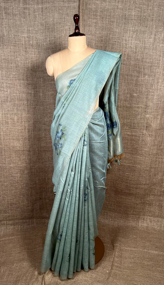 SEA GREEN COLOUR JAMDANI MUSLIN SAREE WITH CONTRAST BLOUSE