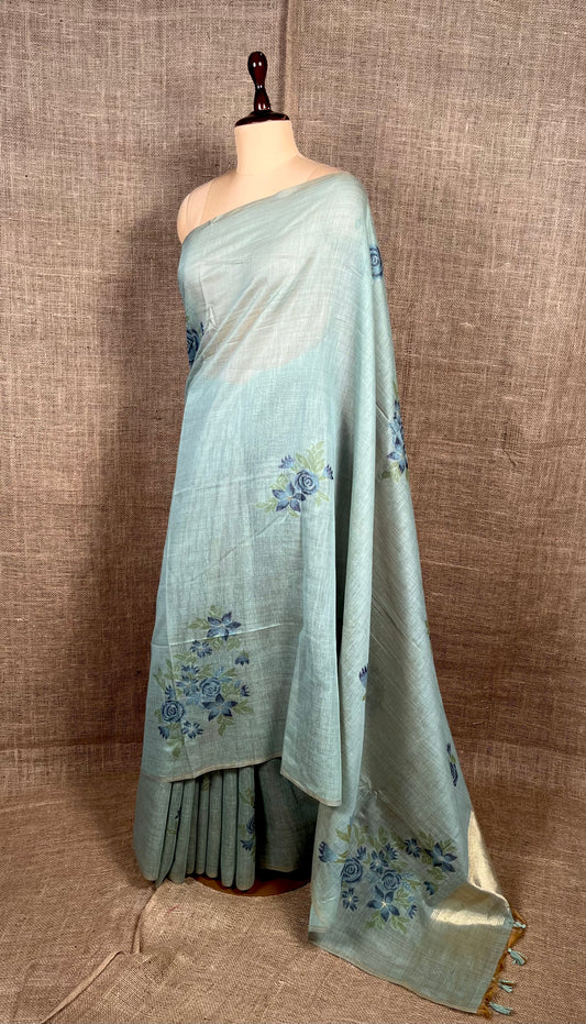 SEA GREEN COLOUR JAMDANI MUSLIN SAREE WITH CONTRAST BLOUSE