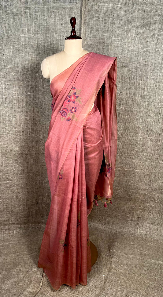 PEACH COLOUR JAMDANI MUSLIN SAREE WITH CONTRAST BLOUSE