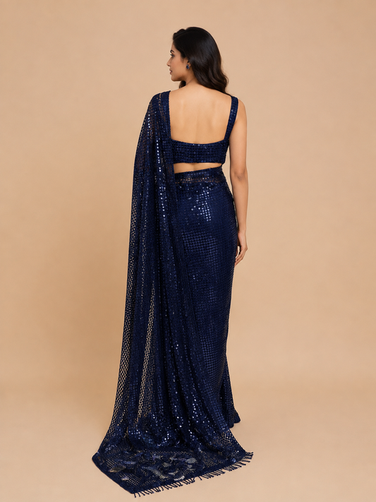 BLUE COLOUR SEQUINS READYMADE BLOUSE SAREE EMBELLISHED WITH APPLIQUE WORK