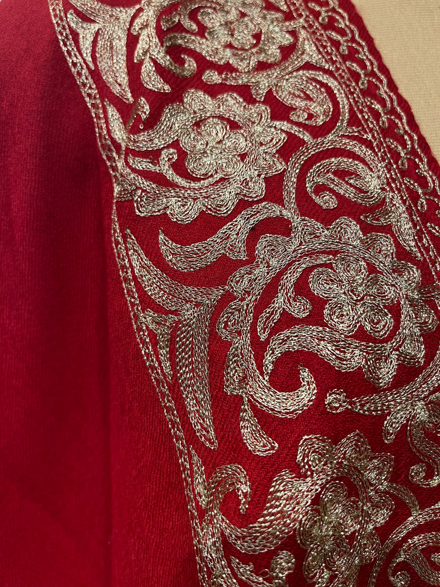 RED COLOR PASHMINA SHAWL WITH GOLDEN EMBROIDERY