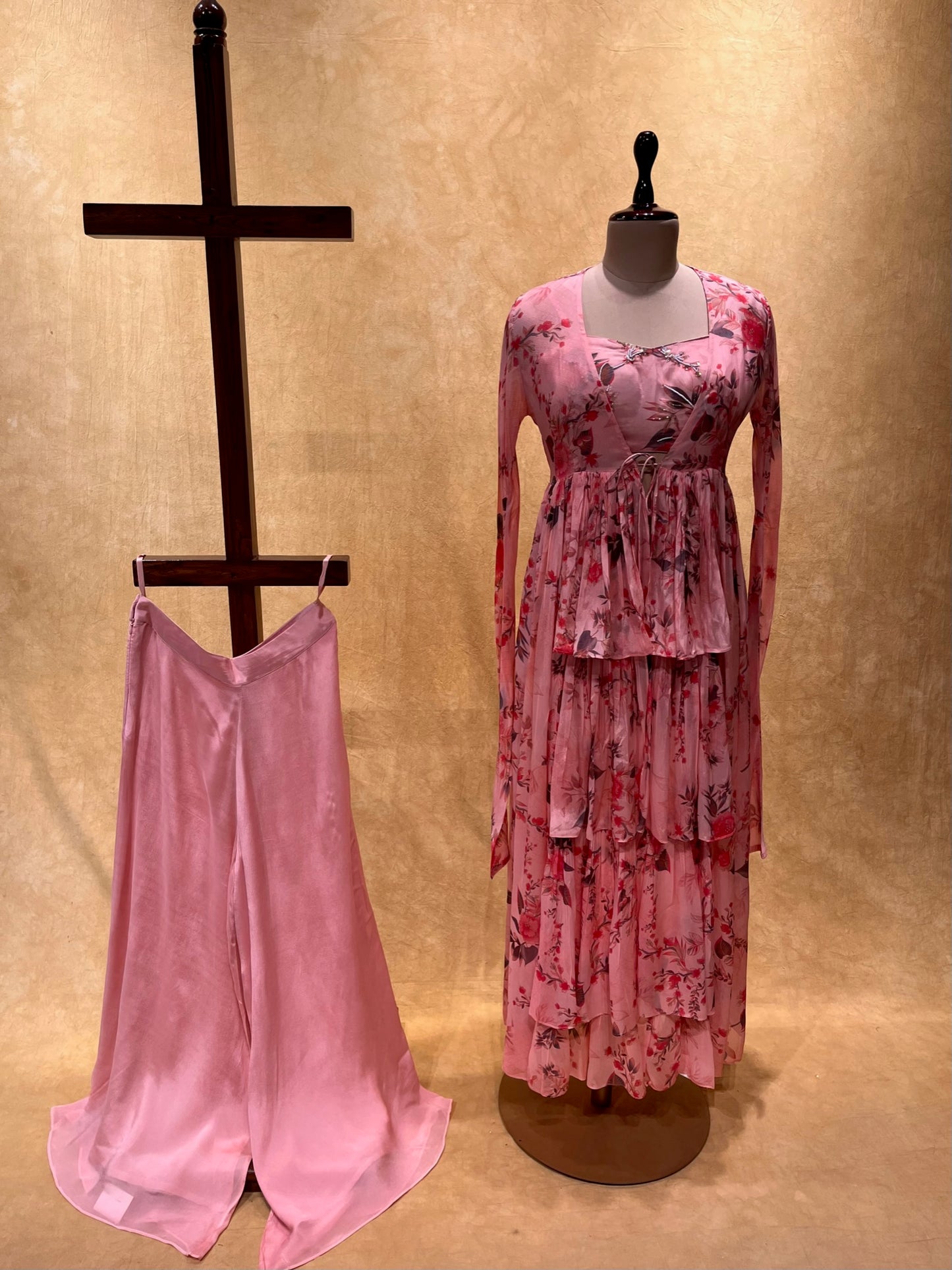 PINK COLOUR FLORAL PRINTED CHINON INDO-WESTERN DRESS EMBELLISHED WITH PEARL WORK (PALAZZO WITH CROP TOP BLOUSE & SHRUG)
