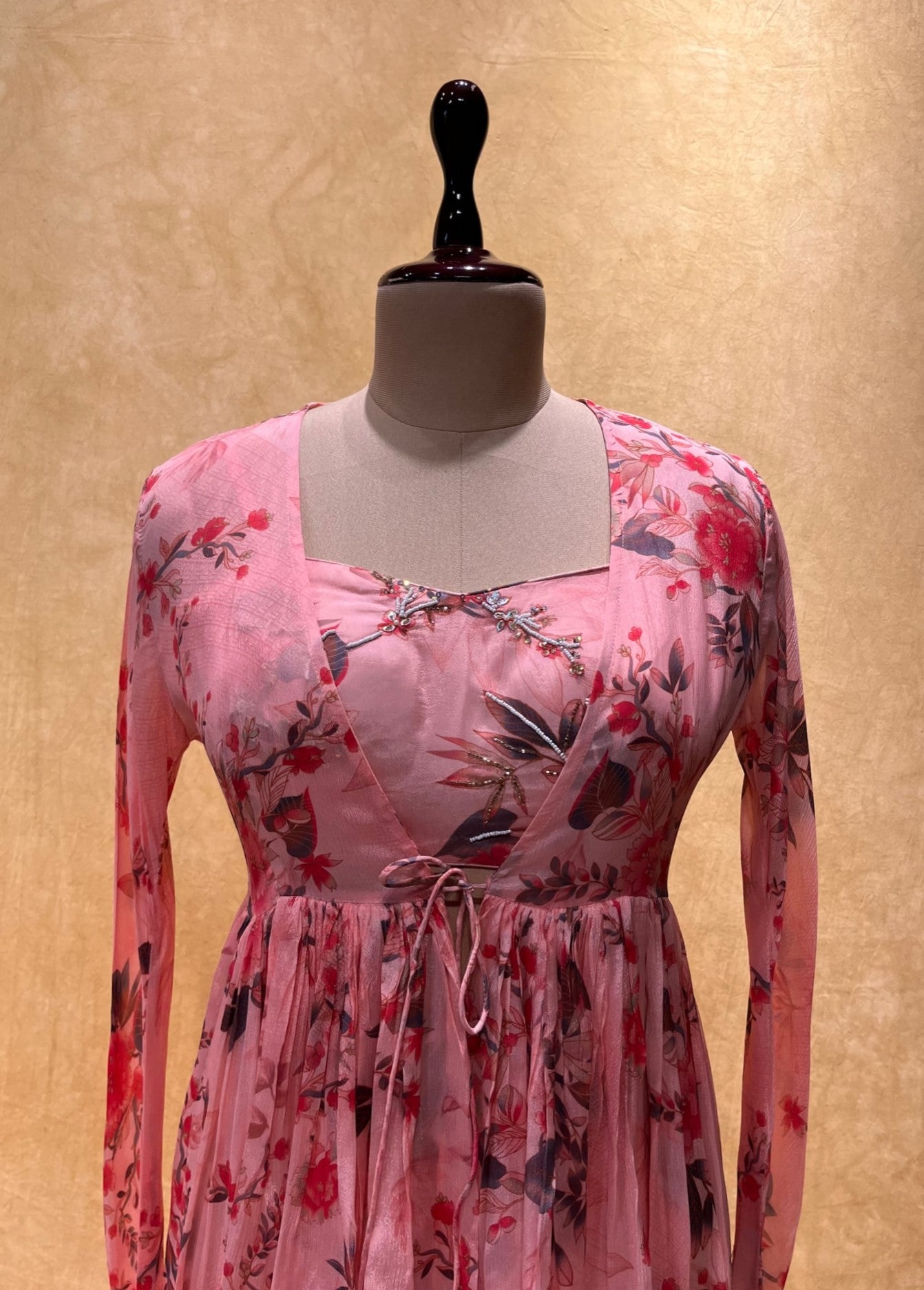 PINK COLOUR FLORAL PRINTED CHINON INDO-WESTERN DRESS EMBELLISHED WITH PEARL WORK (PALAZZO WITH CROP TOP BLOUSE & SHRUG)