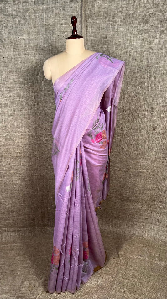 LAVENDER COLOUR JAMDANI MUSLIN SAREE WITH CONTRAST BLOUSE