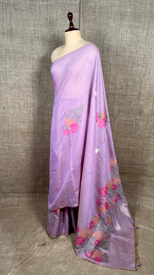 LAVENDER COLOUR JAMDANI MUSLIN SAREE WITH CONTRAST BLOUSE