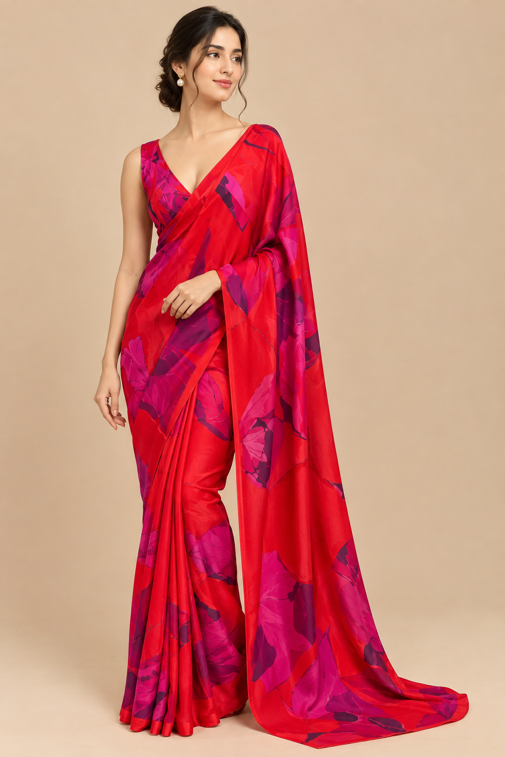 RED COLOUR PURE SATIN SILK PRINTED SAREE