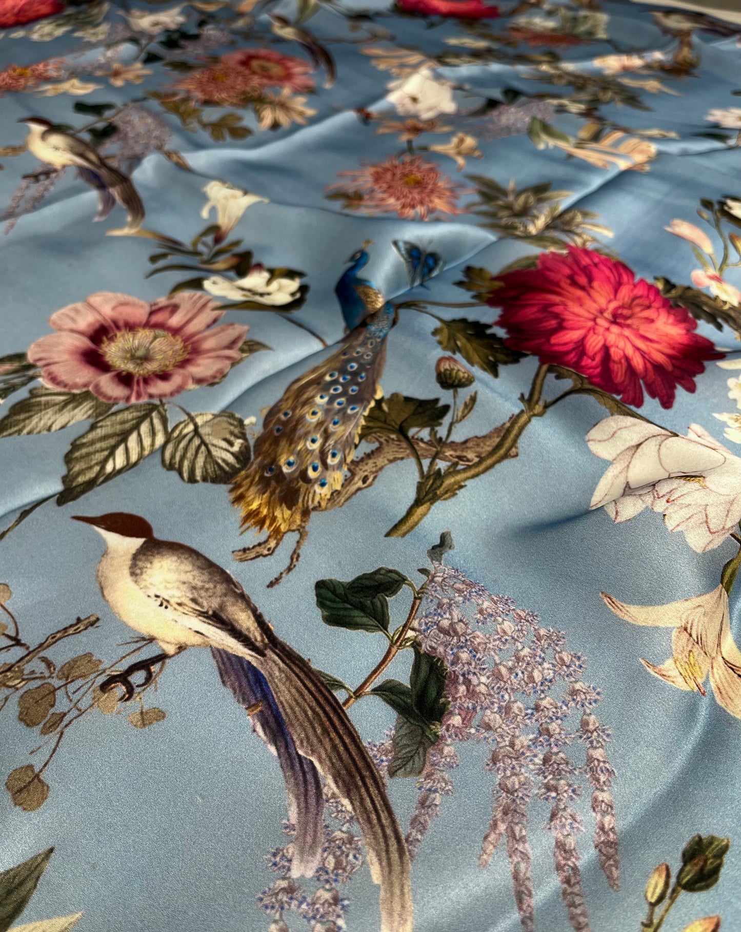 POWDER BLUE COLOUR PURE SATIN SILK PRINTED SAREE
