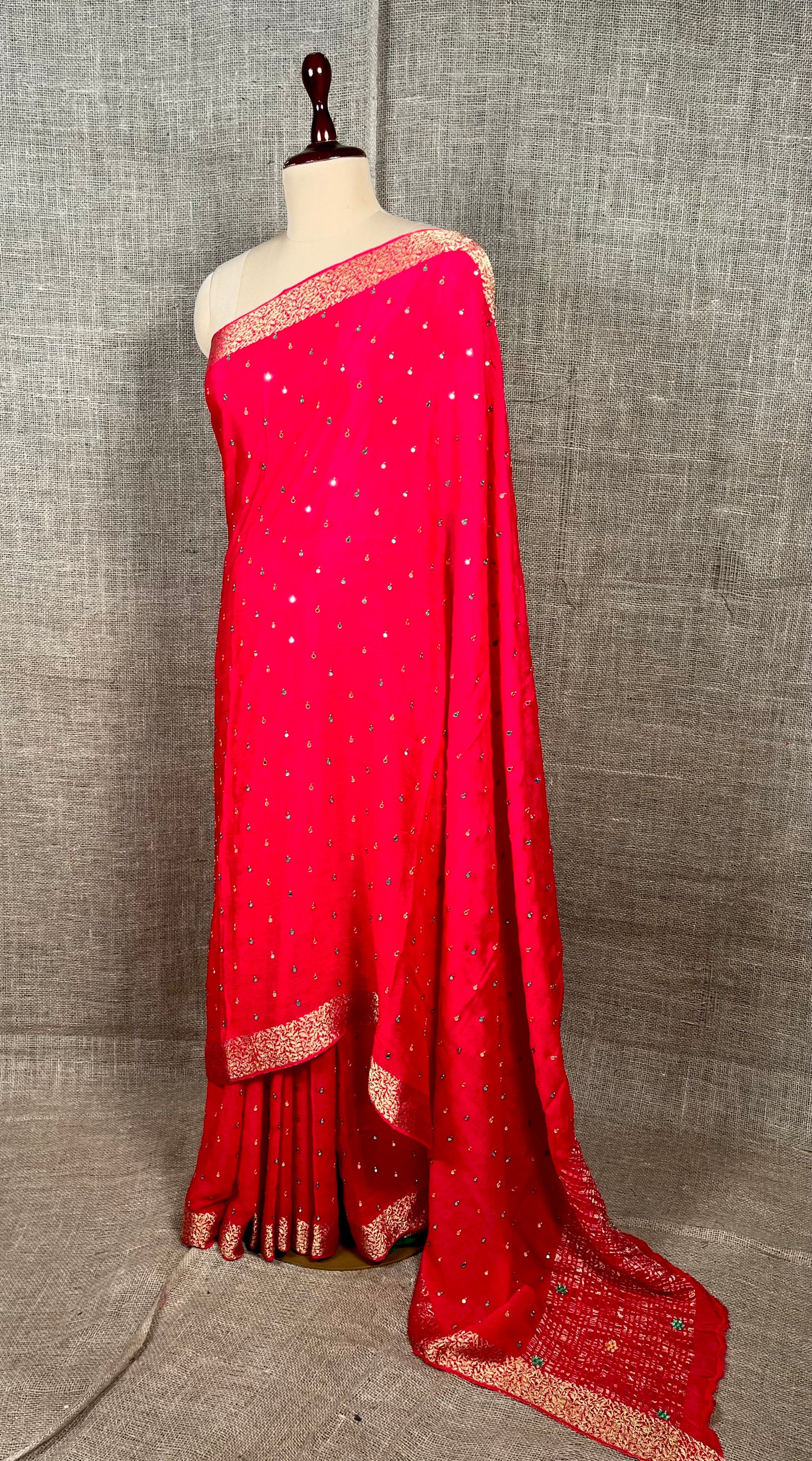 HOT PINK COLOUR CHINON MIRROR WORK SAREE