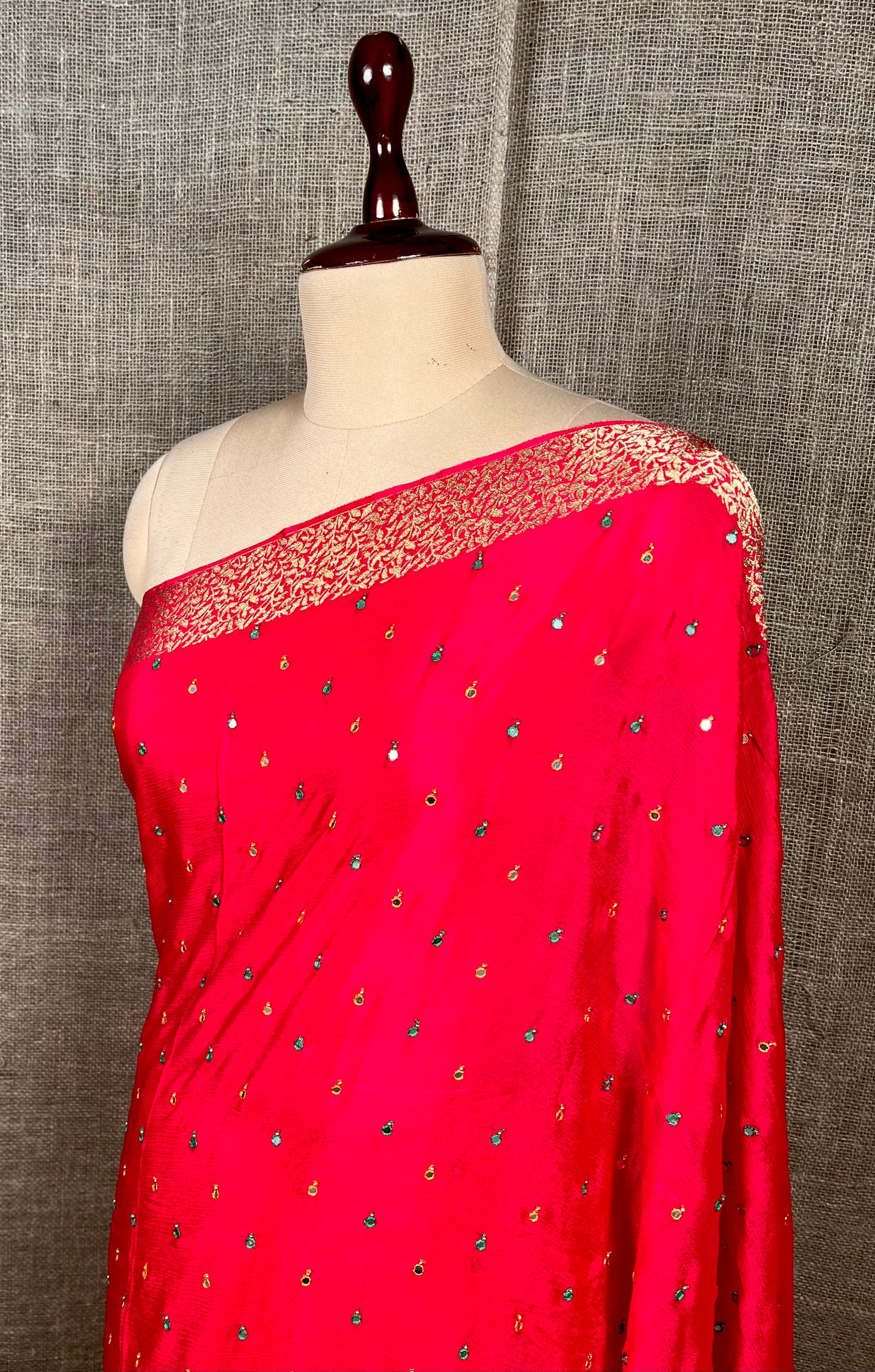 HOT PINK COLOUR CHINON MIRROR WORK SAREE