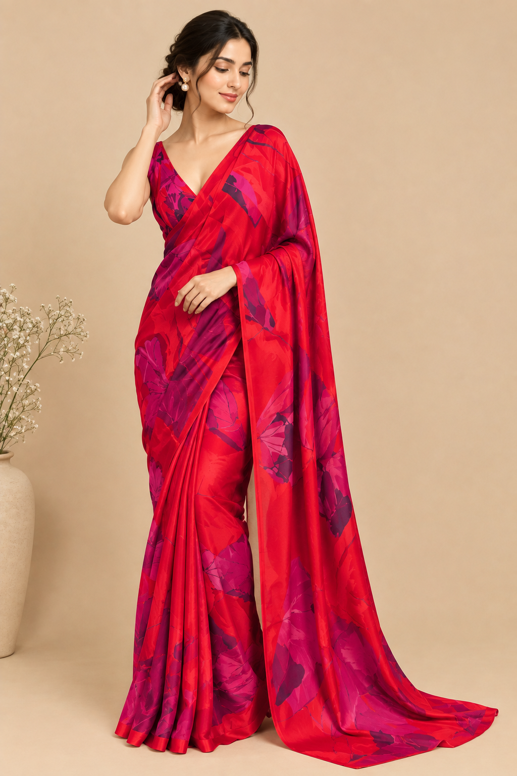 RED COLOUR PURE SATIN SILK PRINTED SAREE