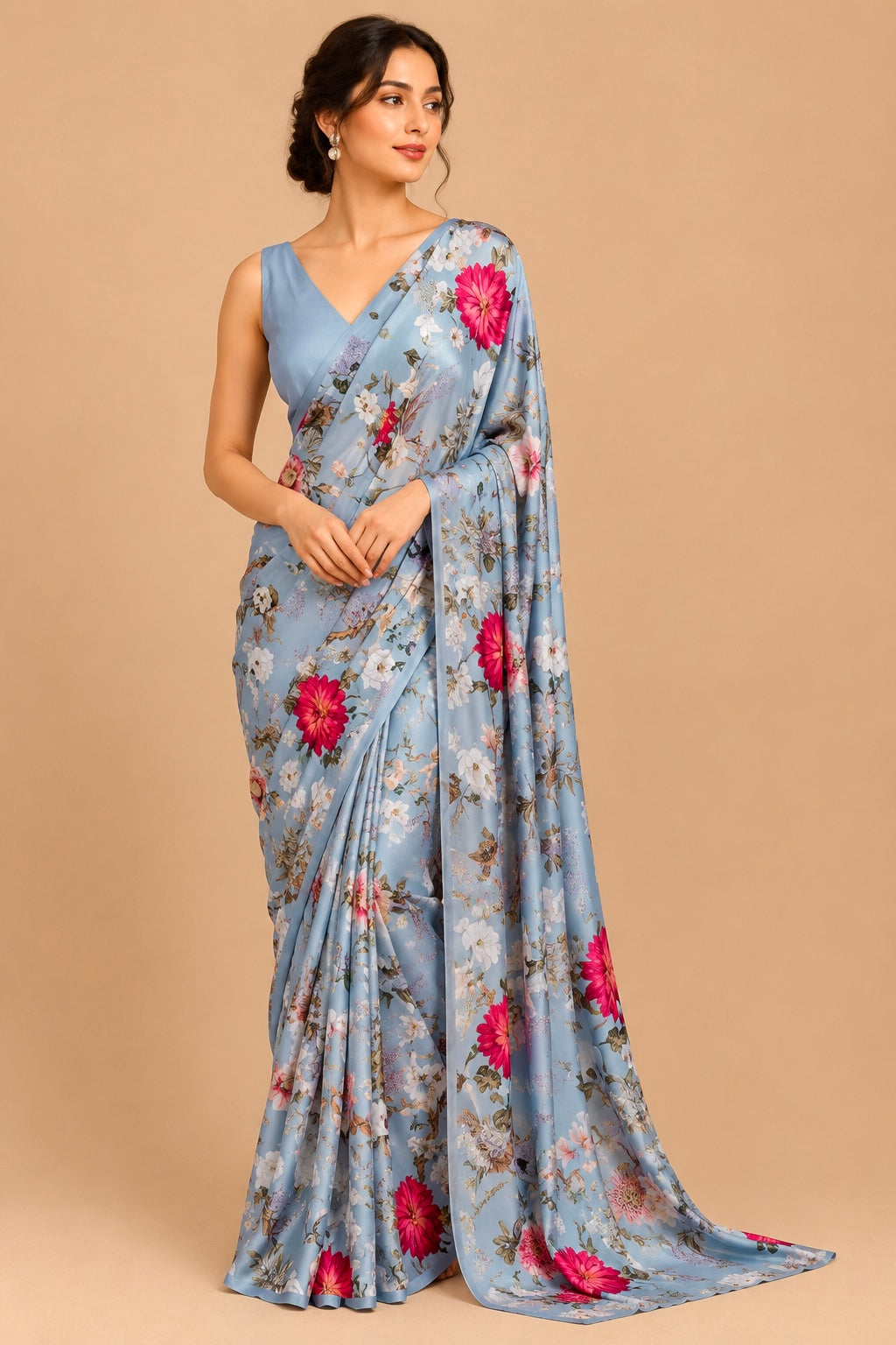 POWDER BLUE COLOUR PURE SATIN SILK PRINTED SAREE