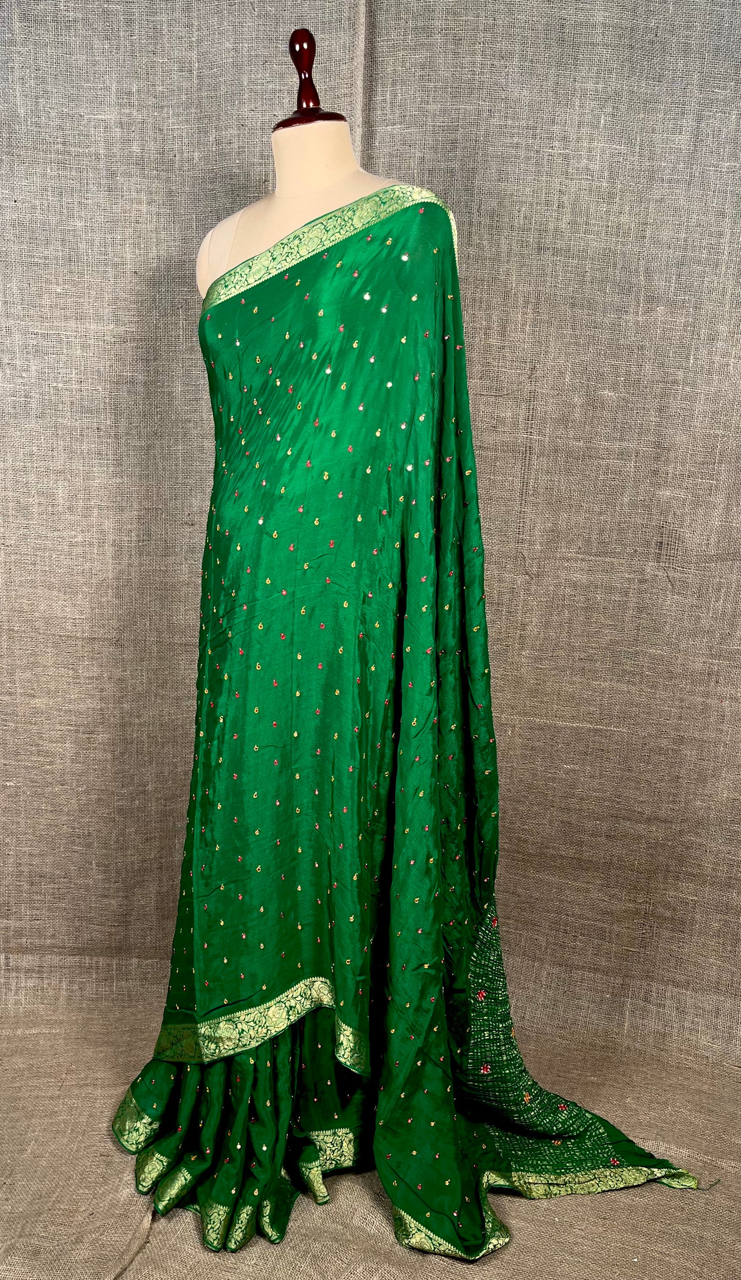 GREEN COLOUR CHINON MIRROR WORK SAREE