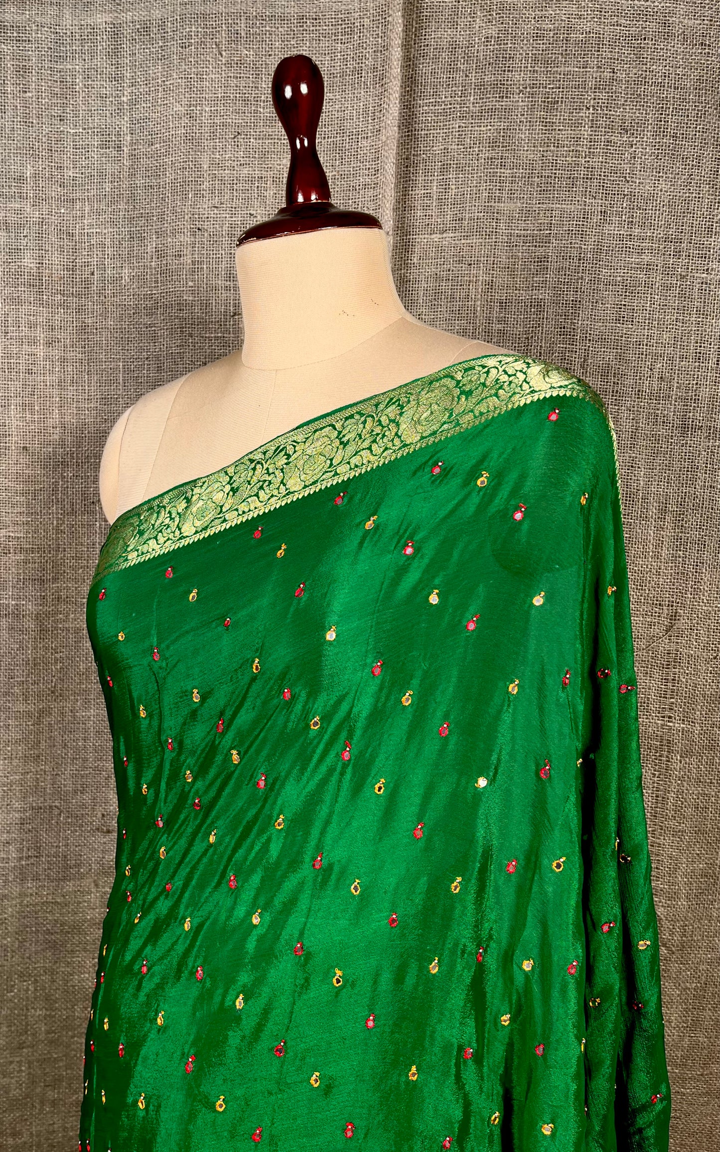 GREEN COLOUR CHINON MIRROR WORK SAREE