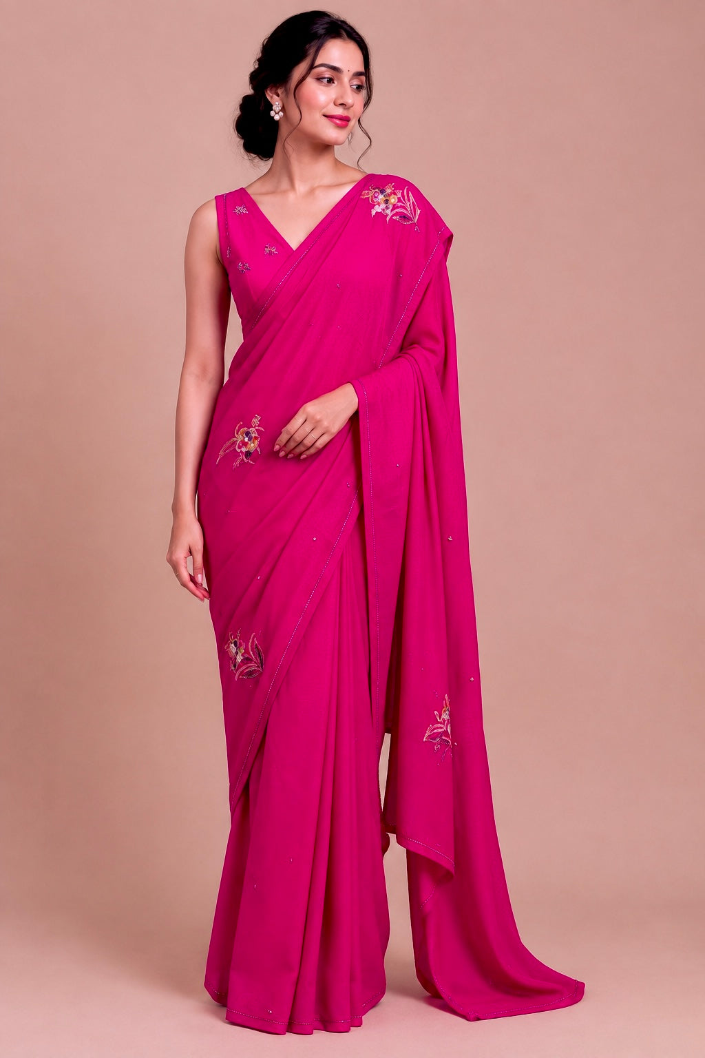 FUCHSIA PINK COLOUR PURE PLATINUM CHIFFON HAND EMBROIDERED SAREE WITH CREPE SILK BLOUSE EMBELLISHED WITH SEQUINS & RESHAM WORK