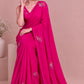 FUCHSIA PINK COLOUR PURE PLATINUM CHIFFON HAND EMBROIDERED SAREE WITH CREPE SILK BLOUSE EMBELLISHED WITH SEQUINS & RESHAM WORK