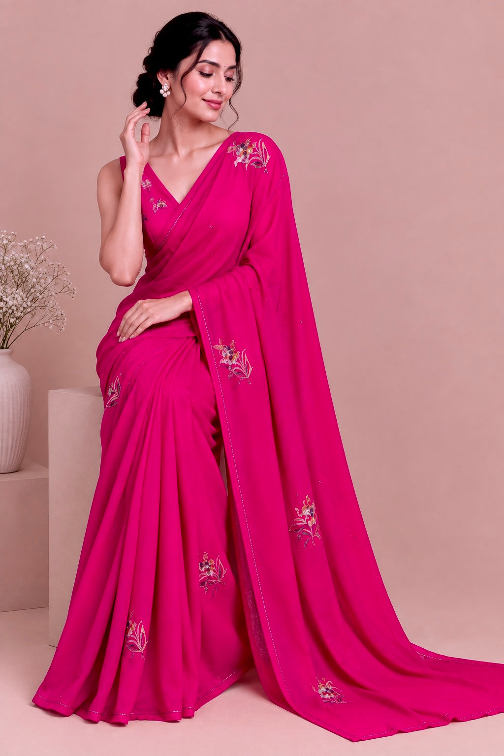 FUCHSIA PINK COLOUR PURE PLATINUM CHIFFON HAND EMBROIDERED SAREE WITH CREPE SILK BLOUSE EMBELLISHED WITH SEQUINS & RESHAM WORK