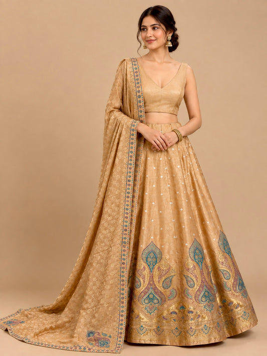 BEIGE COLOUR BANARASI LEHENGA WITH DUPATTA & MONOTONE UNSTITCHED BLOUSE EMBELLISHED WITH ZARI WEAVE BY SIDDHAIKA