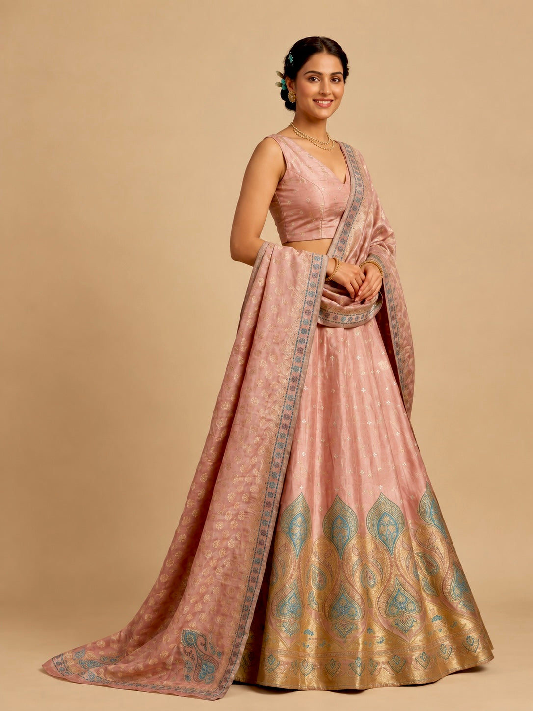 BLUSH PINK BANARASI LEHENGA WITH DUPATTA & MONOTONE UNSTITCHED BLOUSE EMBELLISHED WITH ZARI WEAVES BY SIDDHAIKA