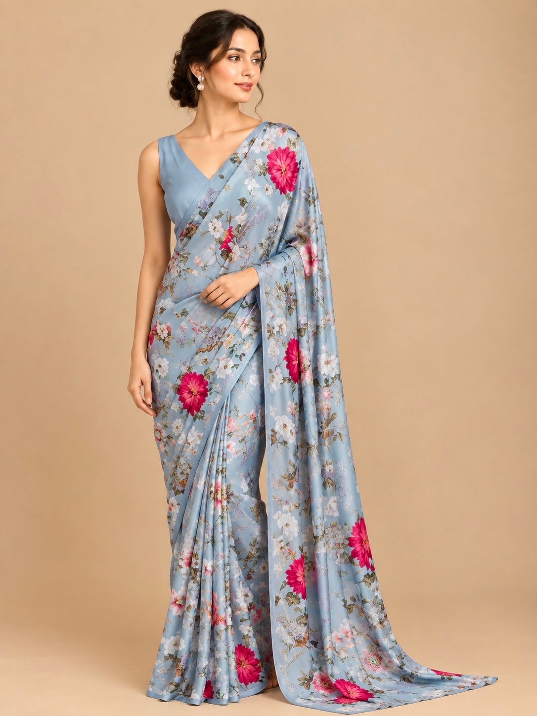 POWDER BLUE COLOUR PURE SATIN SILK PRINTED SAREE - Kothari Sons
