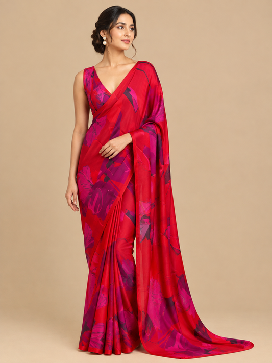 RED COLOUR PURE SATIN SILK PRINTED SAREE