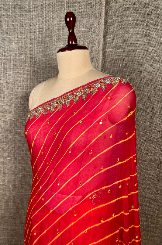 HOT PINK COLOUR CHIFFON LEHARIYA SAREE EMBELLISHED WITH CUTDANA WORK