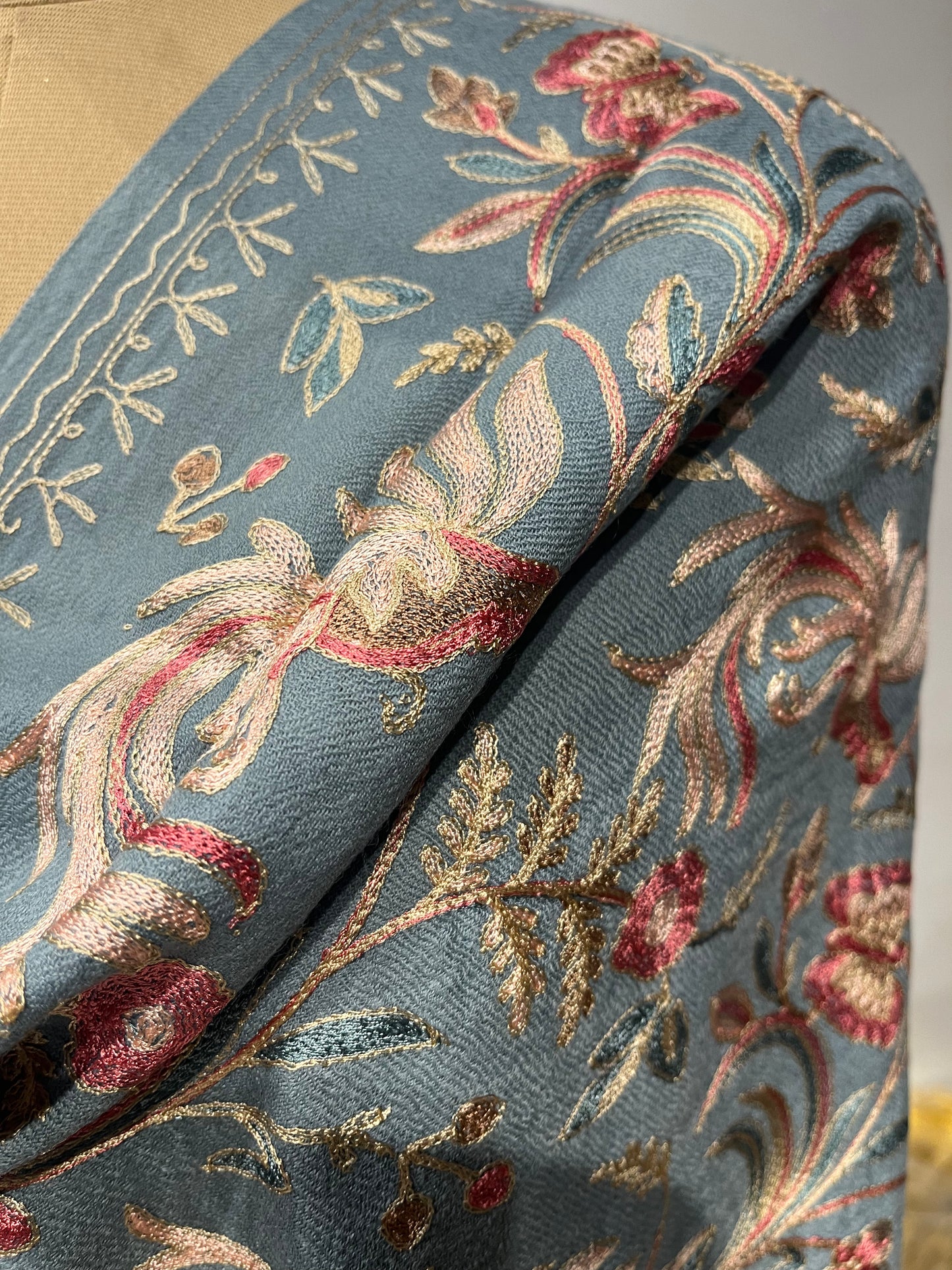 LIGHT BLUE COLOUR PACHMINA SHAWL WITH FLORAL EMBROIDERY